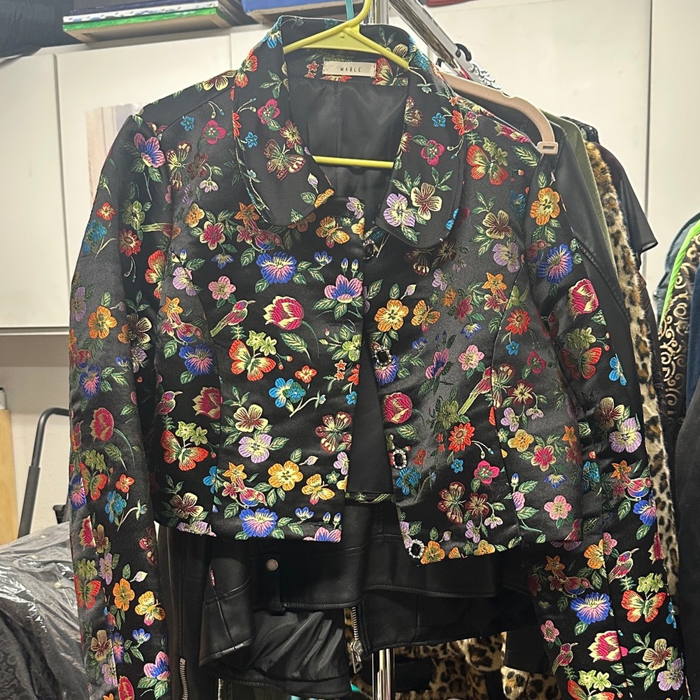 MABLE Black Floral Embroidered Cropped Jacket